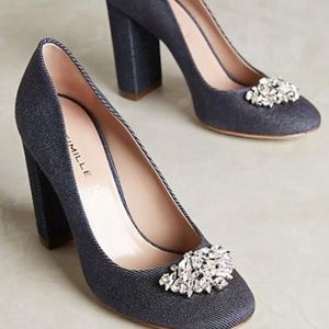 DEIMILLE Embellished Rhinestone Denim Block Heel Pumps Size 39